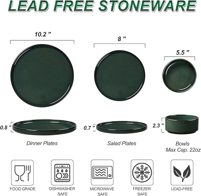 LIANYU Plates and Bowls Sets for 4, 12 Piece Stoneware Dinnerware Dishes Set, Ceramic Dinner Dishware for Pasta Dessert Cereal, Rustic Terracotta Bottom, Chip Resistant & Dishwasher Safe, Hunter Green