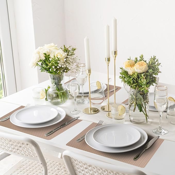 Vinyl Placemats Set of 6-12×17.7 Inch Waterproof & Heattable Placemats, Fall Faux Leather Wipeable Outdoor Table Mat for Dining, Kitchen, Indoor Outdoor Use (Apricot Color, Woven Pattern)