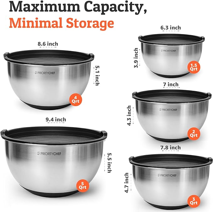 Priority Chef Premium Mixing Bowls With Lids Set, Airtight Lids, Thicker Stainless Steel, Non-Slip Base, 5 Nesting Steel Bowls for Kitchen, Large Prep Metal Bowl Set 1.5/2/3/4/5 Qt, Black