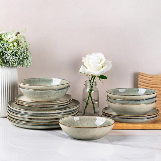 AmorArc Ceramic Dinnerware Sets,Handmade Reactive Glaze Stoneware Plates and Bowls Set,Highly Scratch Resistant | Dishwasher & Microwave Safe Dishes Set,Service for 6 (18pc)