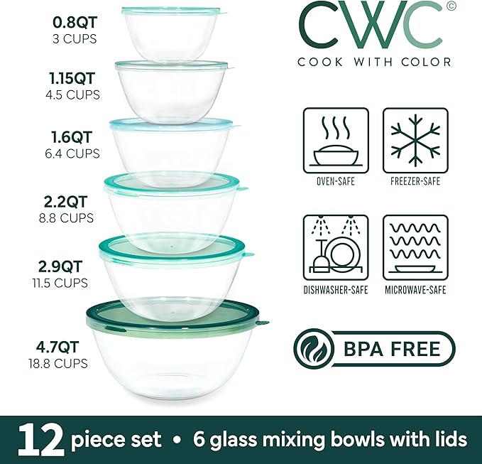COOK WITH COLOR 12 Pc Glass Mixing Bowl Set with Lids – Borosilicate Glass Nesting Bowls for Cooking, Baking and Meal Prep, Sage