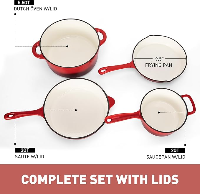 DishDelight Enameled Cast Iron Cookware Set, 7 Piece Set of Dutch Ovens, Sauce Pan, Skillet, 3 Lids, Ceramic Coated Cast Iron Dutch Oven Set, Pots and Pans Set Nonstick, Red