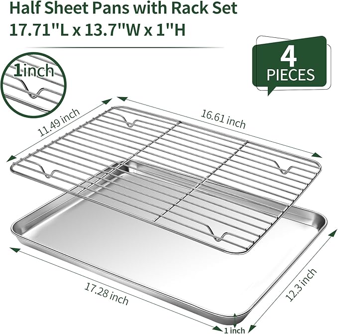 CEKEE Baking Sheet and Cooling Rack Set, 4PCS Stainless Steel Cookie Sheets for Baking with Baking Rack, Non Toxic & Heavy Duty & Easy Clean Baking Pan Tray for Toaster Oven, Size 18 x 12 x 1 Inch