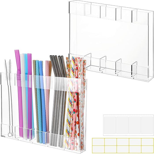 2 Pack Straw Holder for Cabinet, Acrylic Straw Organizer Cabinet Door Straw Holder with Double Sided Adhesive Tape and Stickers Straw Rack for Counter Cabinet Cupboard Kitchen (Clear)