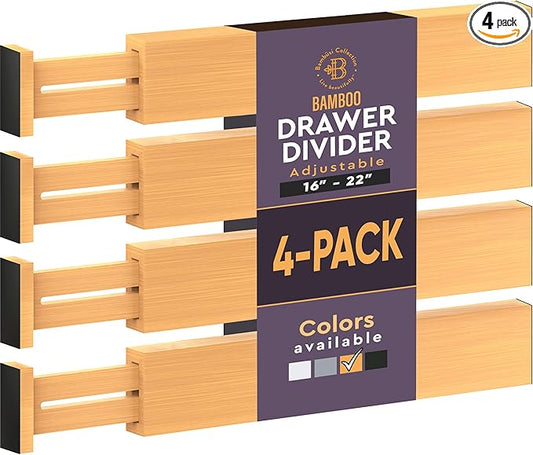 4 Pack Drawer Divider - 2.6" High, 16" to 22" Adjustable Bamboo Drawer Organizers for Clothes, Expandable Dresser Separators in Bedroom/Bathroom/Kitchen/Office Organization and Storage (Natural)