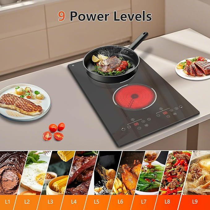 2 Burner Electric Cooktop, 12 Inch Built-in & Countertop Electric Stovetop, Ceramic Cooktop with Touch Control, Child Safety Lock, Timer, Pause Function, 9 Power Levels, 110V - 120V Plug in