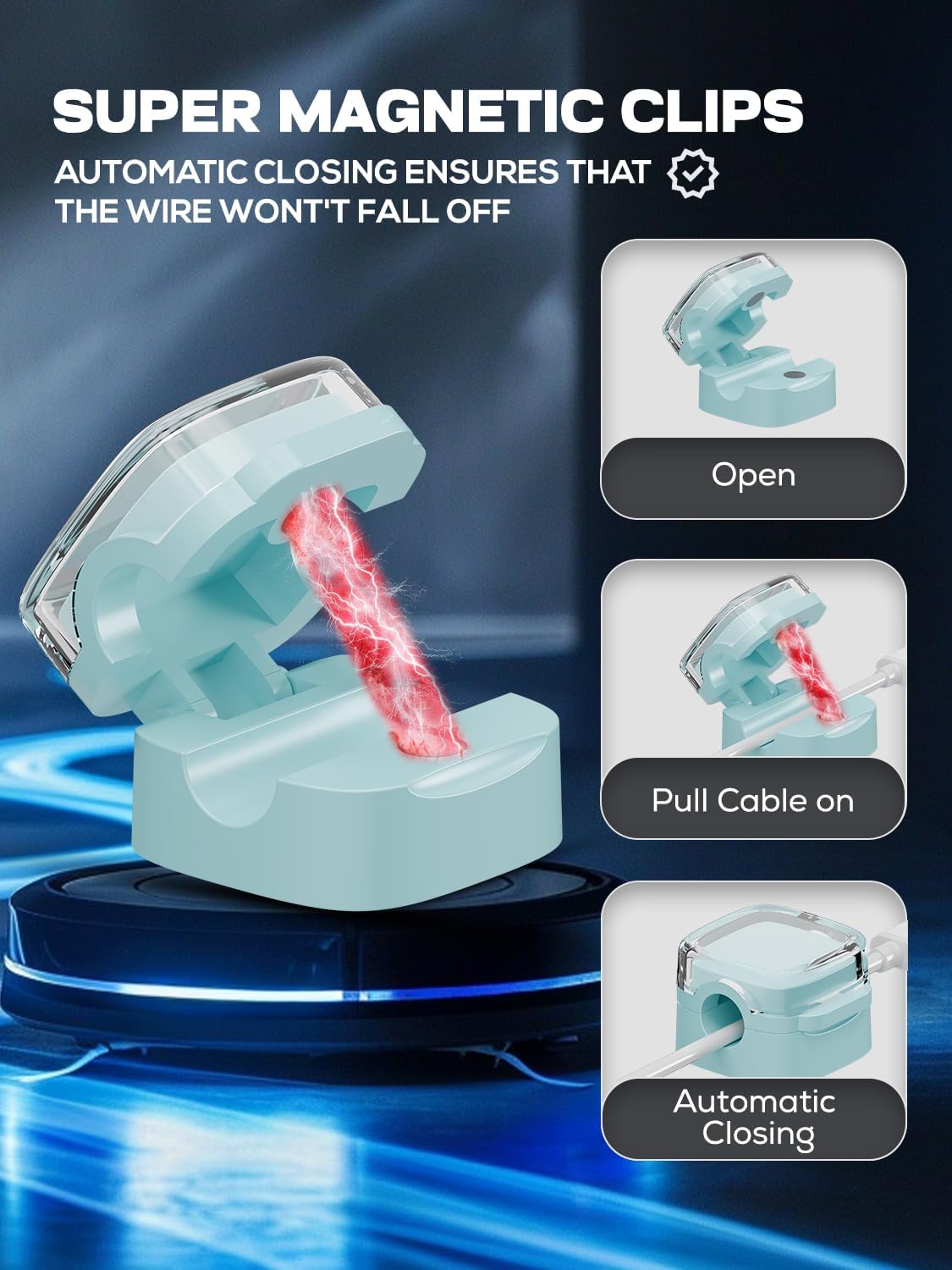 6-Pack Magnetic Cord Holder, Cord Holder with Strong Magnetic Lid, Holds Cables Firmly, 7 mm Charger Holder & HDMI Cord Organizer Clips, Strong Adhesive Pad (Blue)