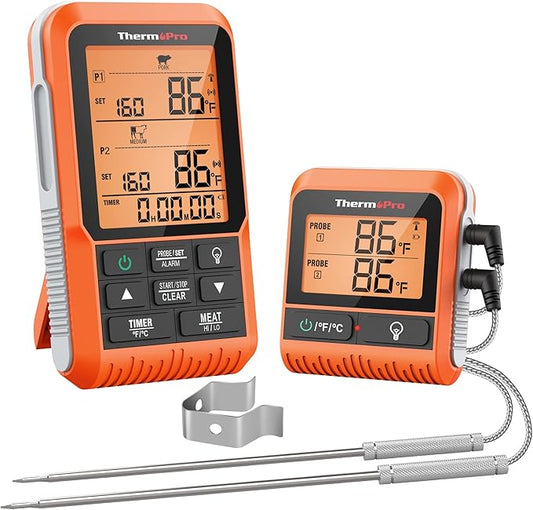 ThermoPro TP826 500FT Wireless Meat Thermometer, Dual Meat Probe Cooking Thermometer with HI/Low Alert, Food Grill Temperautre probe, Outdoor Fryer Accessories for BBQ, Smoker, Oven, Grilling Gift