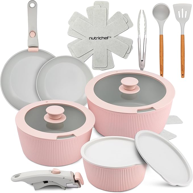 NutriChef 18-Piece Ceramic Cookware Set with Detachable Handles, Non Stick Pots and Pans, PTFE-Free Natural Ceramic Coating, Space-Saving Design, Oven & Stove Safe, Includes Utensils, Pink