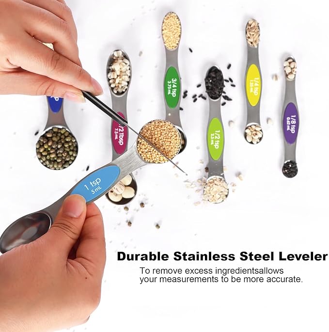 Magnetic Measuring Spoons Set Stainless Steel with Leveler, 9pcs Multicolors Measuring Cups Set for Baking, Measuring Cups and Spoon Set Kitchen Gadgets Apartment Essentials Fits in Spice Jars