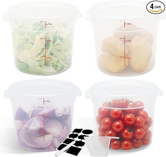 4 Pack 6QT Round Food Storage Containers with Lids, BPA-Free Polypropylene NSF Commercial Food Container, with Labels & Measuring Cup