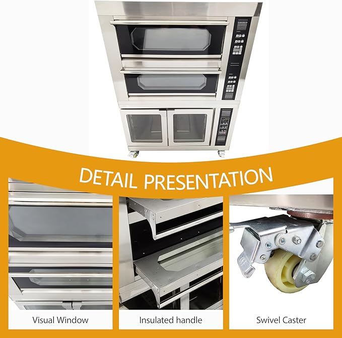 220V Commercial Pizza Oven 3PH Stainless Steel Countertop Electric Movable Pizza Oven with fermentation Tank 4 Baking Sheets and 8 Fermentation Sheets for Commercial Use