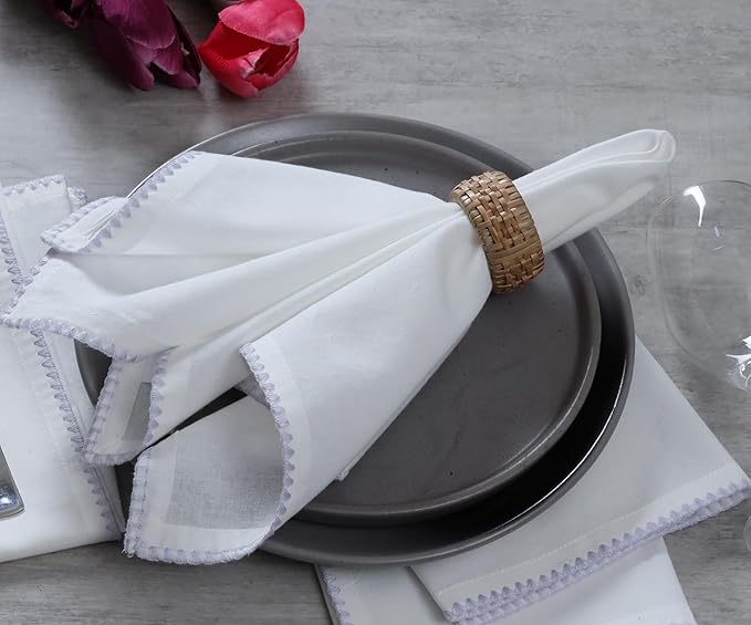 Bedding Craft Cotton Cloth Dinner Napkins Set of 12 – 18x18 Lavender Blue Napkins with Colored Edge Embroidery – Washable Fabric Napkins for Wedding Table Décor, Restaurants, Events & Everyday Dining