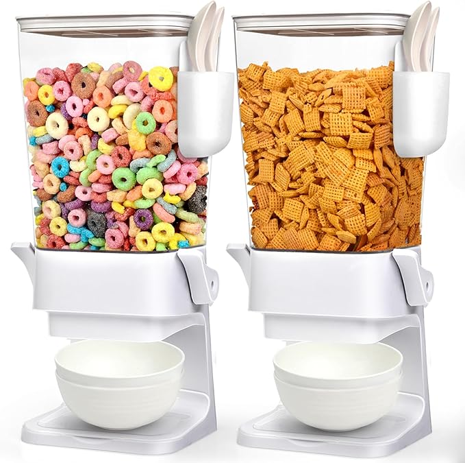 Cereal Dispenser Countertop with 4 Pack Bowls and Spoons 5.5 Qt Large Cereal Storage Container Holder for Pantry Dry Food Nut Dispenser Snack Candy Organizer Kitchen Organization for Oatmeal Granola