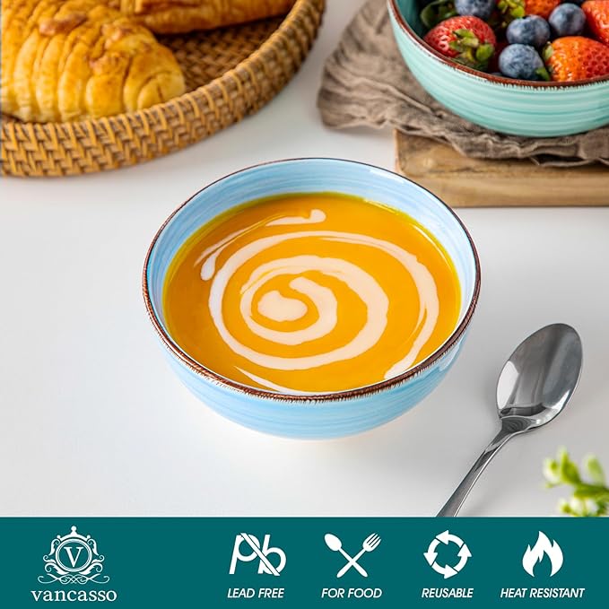 vancasso Bonita 12 Oz Small Bowls Set of 6, Ceramic Mini Dessert & Dipping Dishes, 5" Kids Bowls for Dip and Snacks, Dishwasher & Microwave Safe, Blue