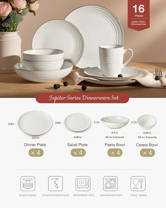 Famiware Jupiter Dinnerware Set with Pasta Bowl, Plates and Double Bowls Dish Sets for 4 (16 Pieces), Microwave and Dishwasher Safe, Chip and Scratch Resistant, White