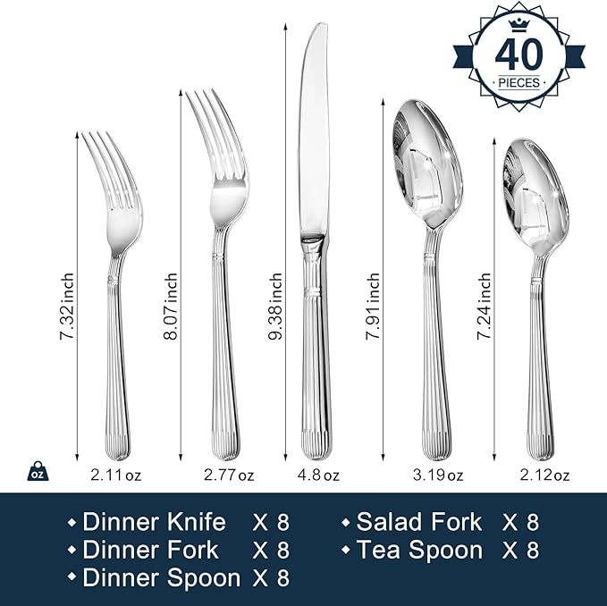 KINGSTONE 40-Piece Silverware Set, 18/10 Stainless Steel Flatware Set - Luxury Elegant Striped Cutlery with Dishwasher Safe, Durable for Family Dining, Catering, Weddings, Anniversaries Gift