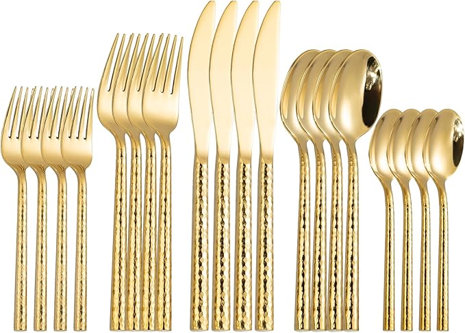 Hammered Gold Silverware Set,Zerophilo Flatware Set 20 Pieces 18/10 Stainless Steel Cutlery Set for 4 Mirror Polished,Dishwasher Safe