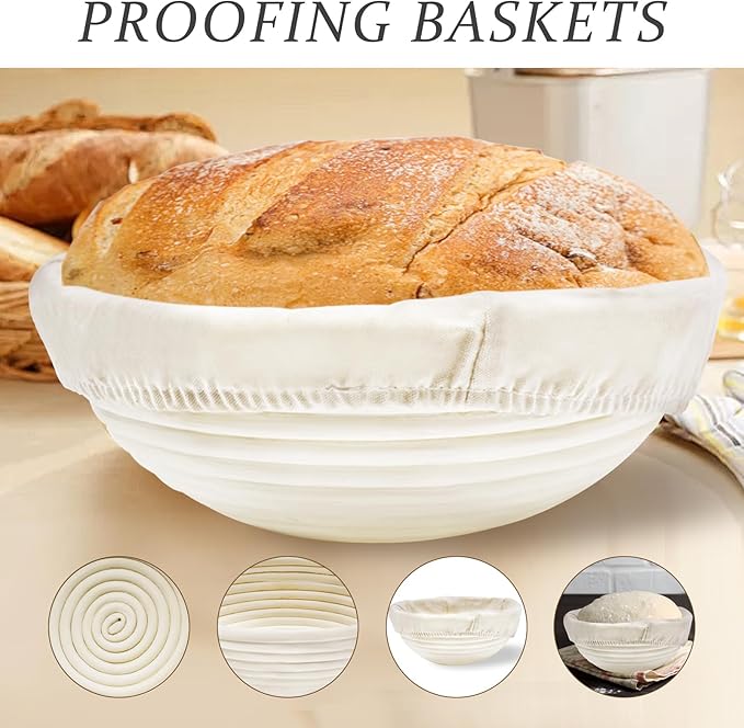 Rattan Proofing Basket Round - 4 Pack 9 Inch Natural Release Handwoven Design with Removable Linen Liners - Easy Clean for Sourdough Beginner Homemade Bread