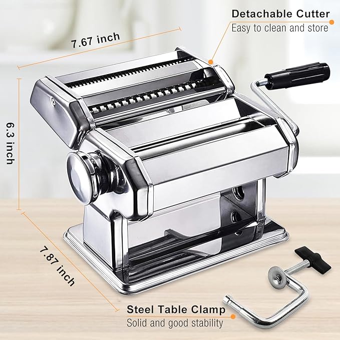 Pasta Maker Machine, AITRAI Noodle Maker Manual Pasta Machine with 9 Adjustable Thickness Settings, Stainless Steel Pasta Roller and Cutter for Pasta Spaghetti, Fettuccini, Lasagna