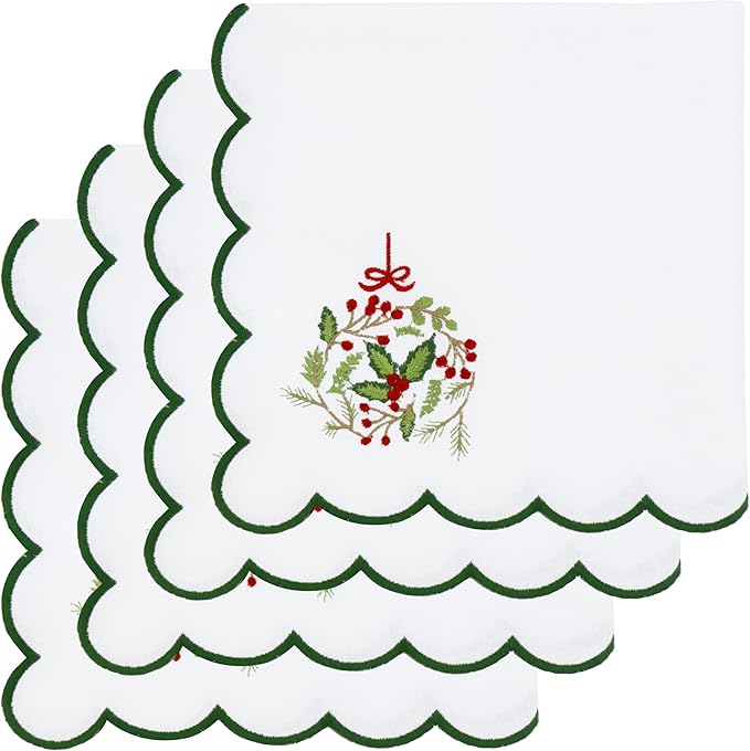 PurpleEssences Scalloped Embroidery Cloth Napkins Christmas Holiday Winter Table Decor 100% Cotton Set of 4-18 x 18 inch - White - Edges - Forest Green - Christmas Wreath