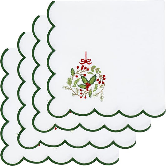 PurpleEssences Scalloped Embroidery Cloth Napkins Christmas Holiday Winter Table Decor 100% Cotton Set of 4-18 x 18 inch - White - Edges - Forest Green - Christmas Wreath