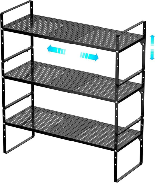 Redrubbit Expandable Cabinet Storage Shelf, Adjustable Height Steel Metal Kitchen Counter Organizers Shelves Spice Rack for Kitchen Pantry Bathroom Cupboard Desk Home Office, Black-3 Pack