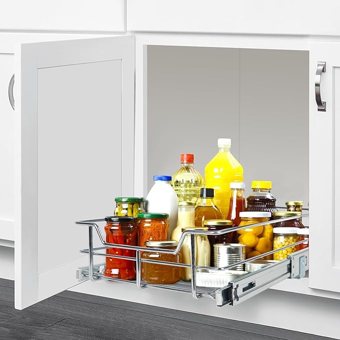 Pull Out Cabinet Organizer 11" W X 17" D, Slide Out Drawers For Kitchen Organizers and Storage, Pull Out Drawers For Cabinets Capacity Heavy Duty Caddy, Cabinet Shelves Chrome-Plated, Bathroom Pantry