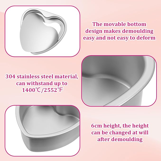 3 Pcs Heart Baking Pan with Removable Bottom, 8 Inch Aluminum Love Cake Molds, Reusable Heart Baking Tool for Kitchen, Wedding, Family, Gathering, Valentine's Day, Birthday Party