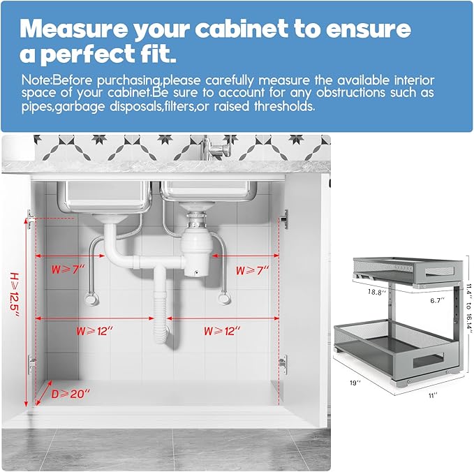 2 Pack 19IN Depth Under Sink Storage Organizer, Large 2-Tier Elegant Mesh Pull Out Shelf for Kitchen and Bathroom Cabinet Organization, L-Shaped and Adjustable Height Design-Gun Gray
