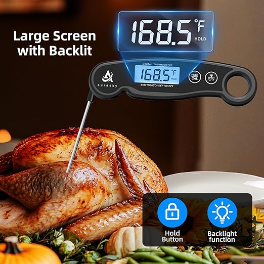Aurasky Instant-Read Meat Thermometer Digital for Cooking and Grilling, Waterproof Food Thermometer with Backlight, Calibration & Hold Function for Kitchen, BBQ, Deep Fry, Candy, Liquid (Black)