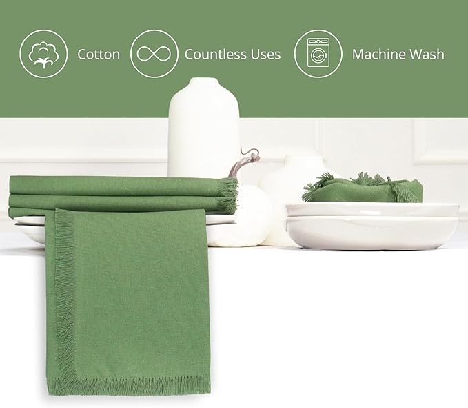 PurpleEssences Cloth Napkins with Fringes, 100% Cotton Christmas Holiday Winter Table Decor, Set of 6 18x18 Inch Reusable Dinner Napkins for Parties and Weddings - Sage Green