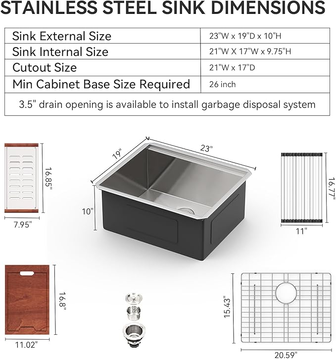 Lordear Undermount Kitchen Sink 23 x 19 Inch, 16 Gauge Stainless Steel Single Bowl Workstation With Cutting Board, Handmade