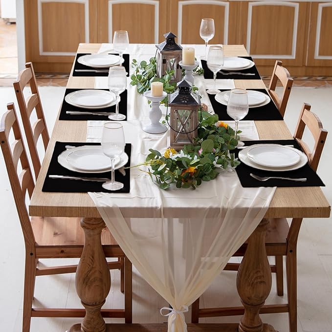 Linen Fabric Placemats Set of 4, Machine Washable, Heat Resistant, Wrinkle Free, Thick Polyester Kitchen Place Mats for Dining Table (Black)