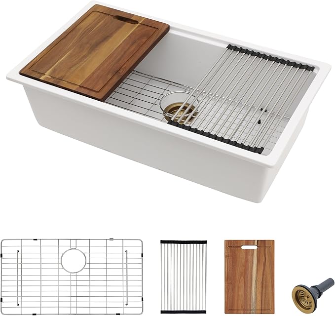 33 Granite Composite Kitchen Sink - Fulorni 33"x19" Kitchen Sink Undermount Ledge Workstation White Granite Quartz Composite Under Counter Single Bowl Sink Basin