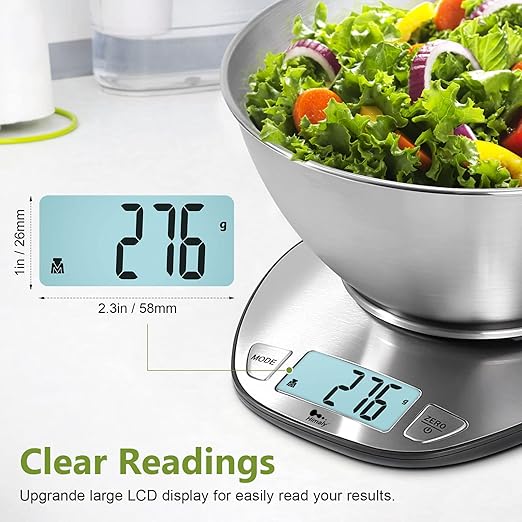 himaly Food Scale - Digital Kitchen Scale with Bowl & LCD Dipslay Scale Weight Grams and Oz for Cooking, Baking, and Meal Prep, Stainless Steel Silver