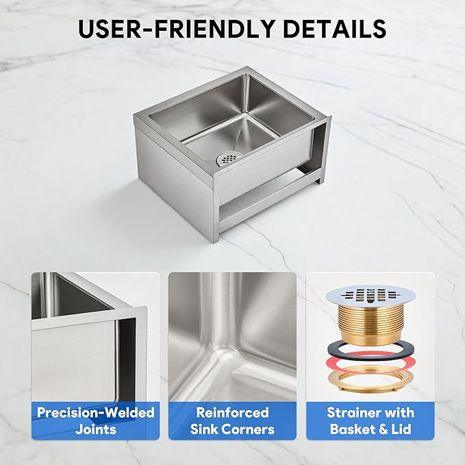 WILPREP Commercial Mop Sink, 19x16x8 Inch 304 Stainless Steel Utility Sink with Strainer & X-Shaped Floor Guides for Kitchen Laundry Garage Pet Salon