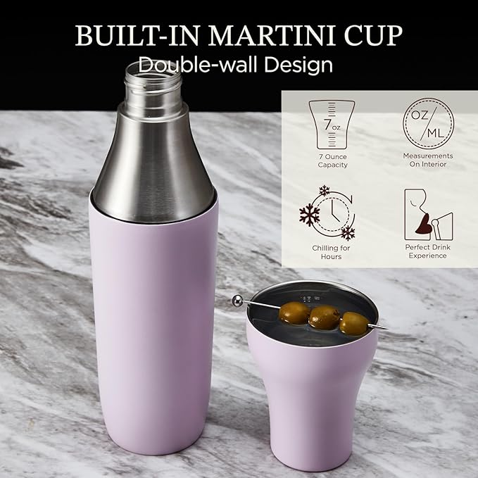 Kitessensu Hybrid Cocktail Shaker | Vacuum Insulated Stainless Steel Martini Shaker with Double Wall Martini Cup | Integrated Measuring System | Tumbler Lid & Cocktail Recipes Included | Orchid