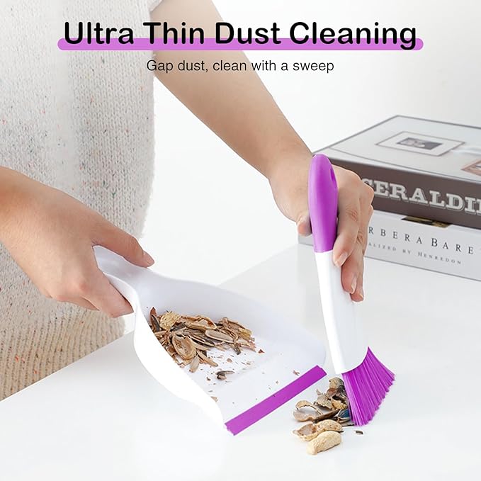 NACENA Mini Dustpan and Brush Set, Small Broom and Dustpan Set Dust Pan and Mini Hand Broom Dustpan and Broom Combo Compact for Home Table Keyboards Sofa Kitchen Pets, Purple