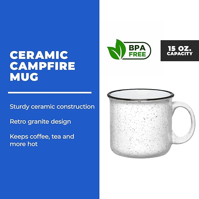 Set of 8 Ceramic Campfire Mugs – 15 Oz, White – Coffee & Tea Cups for Home, Work, Travel, Camping – Customizable, Great for DIY, Events, Companies
