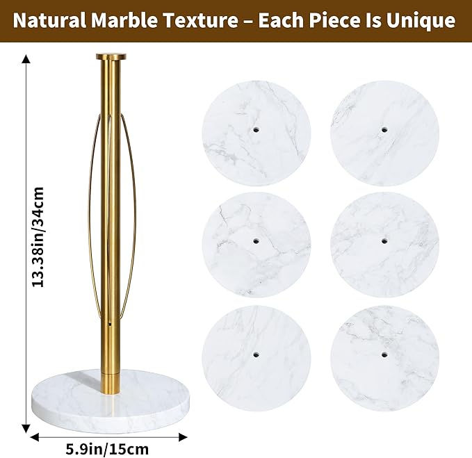 YIGII Marble Base Gold Paper Towel Holder Countertop - Standing Paper Towel Roll Holder with Weighted Base, Papertowel Holder for Kitchen, White Marble & Golde Rod