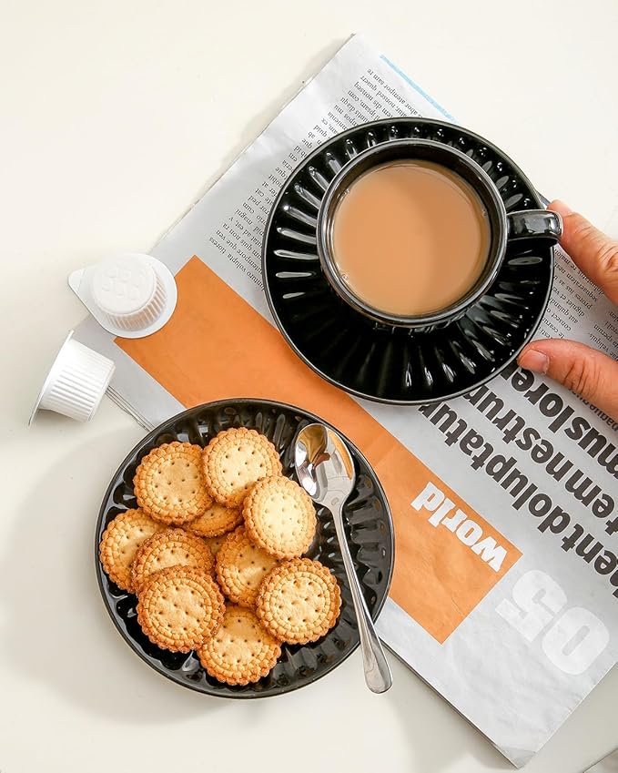 Hasense 6 Oz Cappuccino Cups with Saucers Ceramic, Ribbed Espresso Cups Set of 4 for Coffee,Tea,Latte and Macchiato, Aesthetic Gift for Anniversary or Holiday, Mix-Color