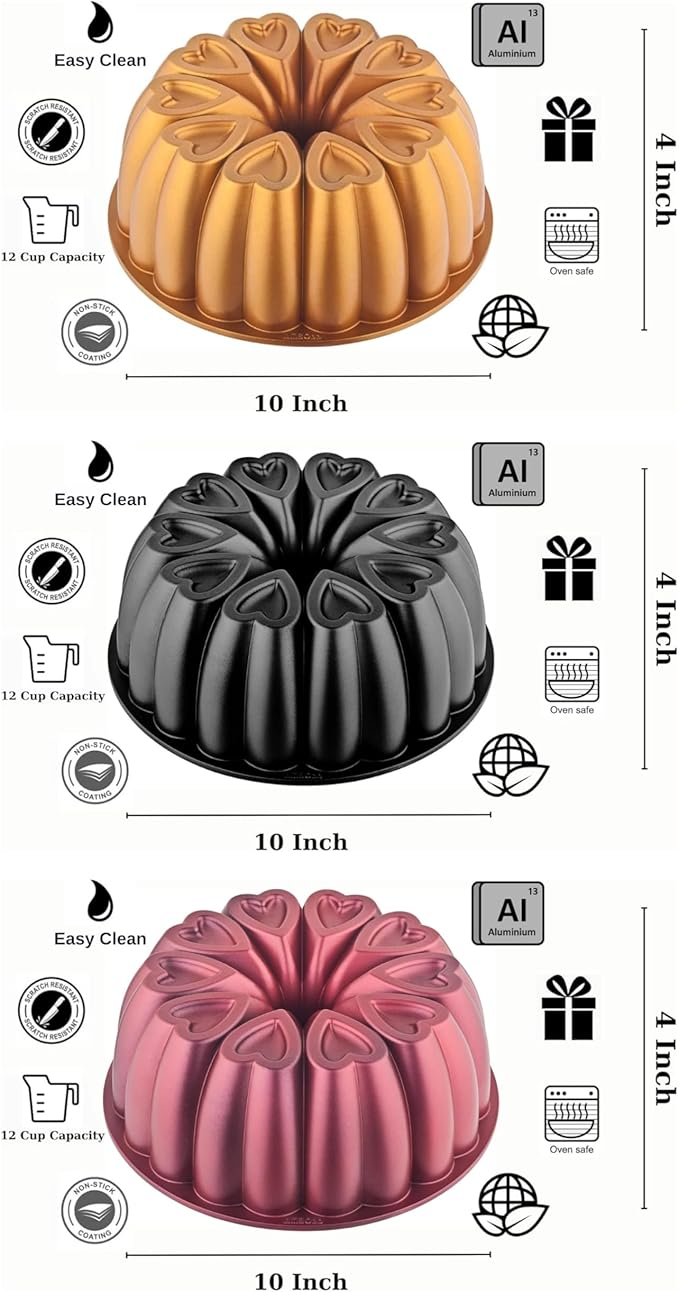 Heart Shape Cast Aluminum Molded Cake Pan, Titanium Coating, Non-Stick, 12 Cups, 10 Inch Pound Pan intended for Bundt Cakes, Gifts for Mom, Fluted Tube, Easy to Clean (3-Pack, Gold-Black-Red)