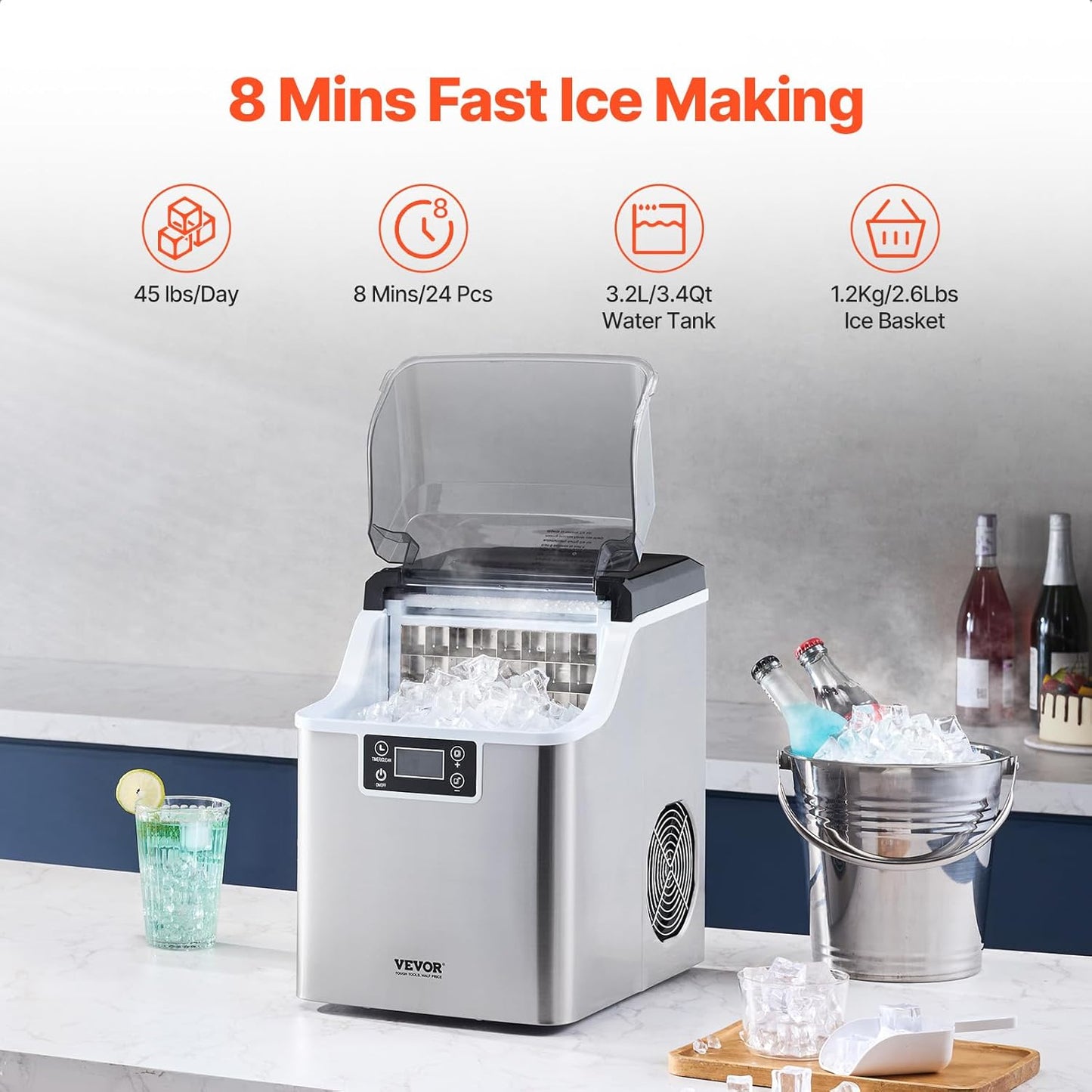 VEVOR Countertop Ice Maker, 24 Cubes Ready in 15 Mins, 45lbs in 24Hrs, Self-Cleaning Portable Ice Maker with Ice Scoop and Basket, Ice Machine with 3 Sizes Ice Cube for Home Kitchen Office Party
