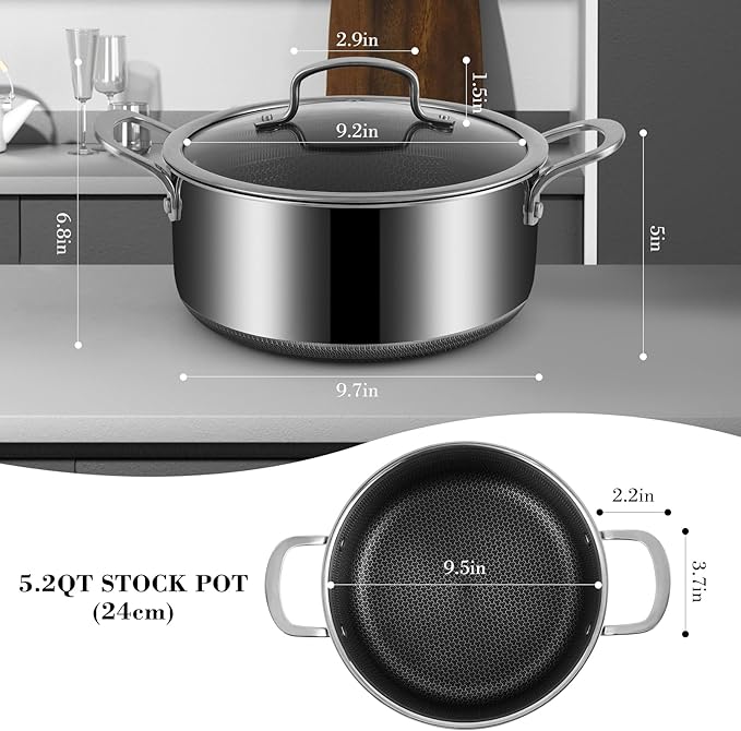 Tri-Ply Stainless Steel Stock Pot, 5 Quart Pot with Lid - Non Stick Pots -Induction Ready, Cooking Pots with Lids, Cool Handles, Dishwasher (Stainless Steel, 5.2QT)