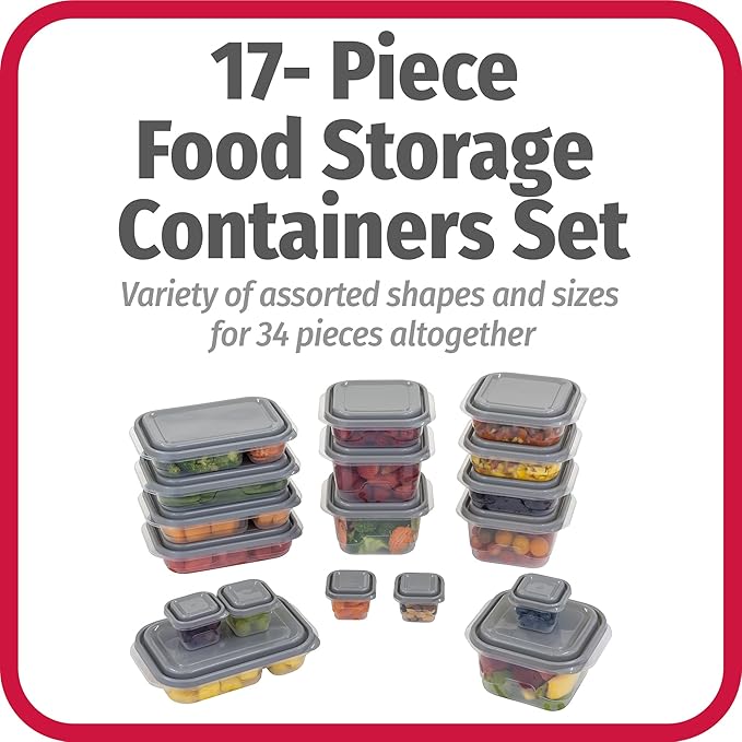 GoodCook EveryWare 34-Piece BPA-Free Plastic Food Storage Containers with Lids (Set of 17), Clear/Grey