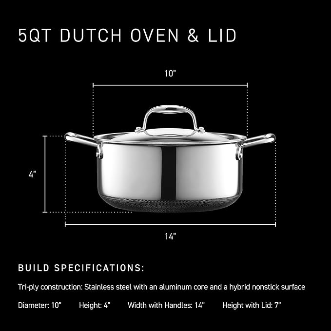 HexClad Hybrid Nonstick 5-Quart Dutch Oven with Stainless Steel Lid, Stay-Cool Handles, Dishwasher-Friendly, Oven-Safe Up to 900°F, Induction Ready, Compatible with All Cooktops