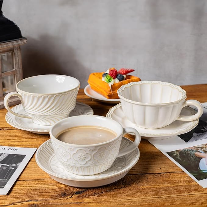 12 OZ Latte Cup with Saucer, Cappuccino Cup Vintage Cafe Art Cups for Espresso Turkish Coffee, Farmhouse Latte Mugs Tea Cups and Saucers Porcelain Set for Christmas Thanksgiving Day Gift