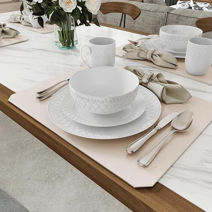 Yoshy 16-Piece White Embossed Mesh Bone China Dinnerware with Lightweight Durable Chip Resistant Design Service for 4