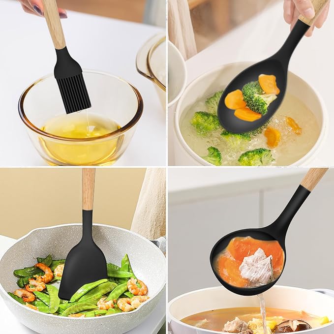 12-Piece Silicone Kitchen Utensils Set with Wooden Handle, Non-Stick & Heat Resistant Cooking Utensils (446°F), Includes Spatula, Spoon, Turner, Tongs, Whisk, Great for Home Cooks-Black